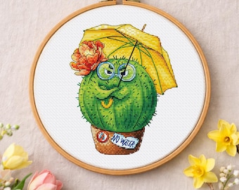 Patrón de punto de cruz Cactus bajo una sombrilla Gráfico DMC Imprimible PDF Descarga instantánea