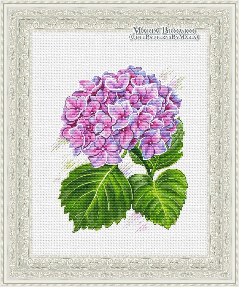 May include: A cross-stitch pattern featuring a cluster of pink and purple hydrangeas with green leaves. The pattern is titled "CutePatternsByMaria" and is by Maria Brovko.