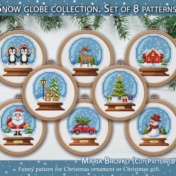 Cross Stitch Christmas Decor 25% cheaper as a set - Snow globe collection Set of 8 Patterns DMC Chart Printable PDF Instant Download