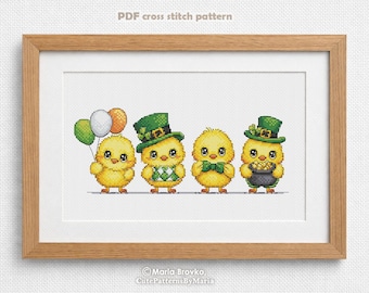 Cross Stitch Pattern St. Patrick's Day 4 Little Chicks DMC Chart Printable PDF Instant Download