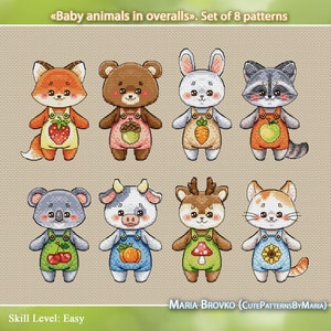 35% cheaper as a set - Set of 8 Baby animals in overalls Cross Stitch Pattern DMC Chart Printable PDF Instant Download