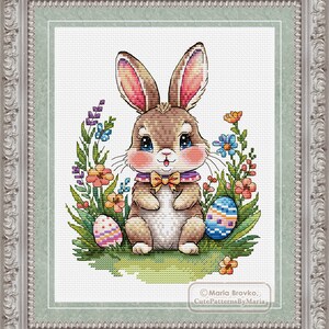Cross Stitch Pattern Easter Bunny on a Flower Meadow DMC Chart ...