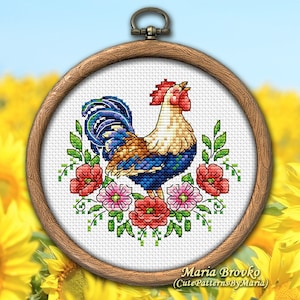 Kruissteekpatroon Haan en bloemen DMC-diagram Afdrukbare PDF Direct downloaden