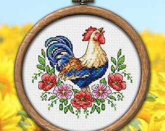 Cross Stitch Pattern Rooster and flowers DMC Chart Printable PDF Instant Download