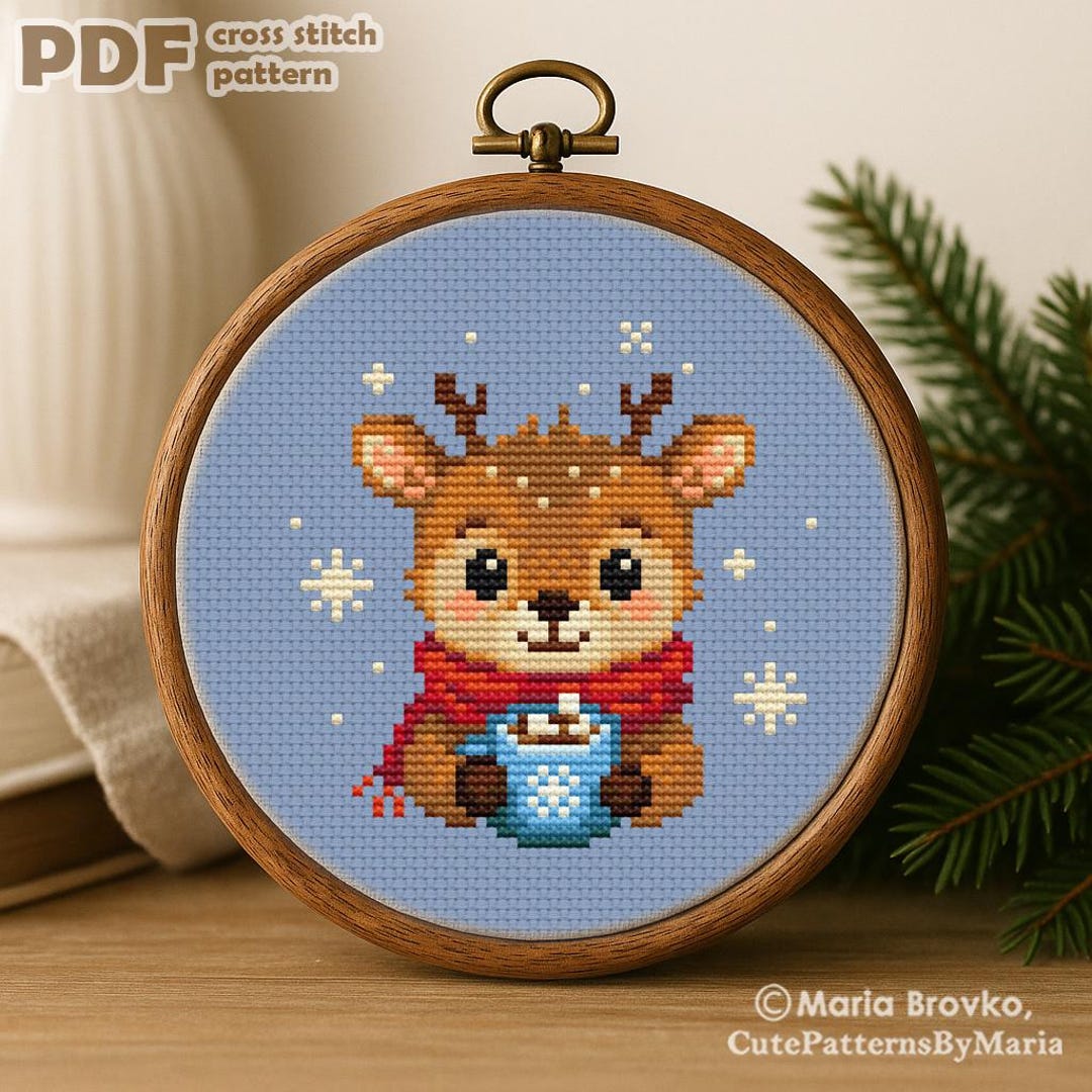 Cross Stitch PDF Pattern Deer With a Mug DMC Chart Christmas Printable ...