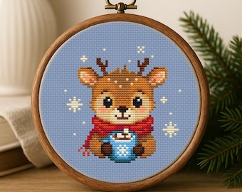 Cross Stitch PDF Pattern Deer with a mug DMC Chart Christmas Printable Instant Download