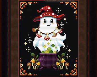 May include: A white ghost wearing a red and white mushroom hat and holding a cauldron with green liquid. The ghost is surrounded by mushrooms and stars on a black background.