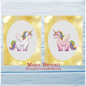 May include: Two cross-stitch patterns of a unicorn with rainbow wings and tail. The unicorn on the left is white, and the unicorn on the right is pink. The patterns are framed in a circle with a gold background. The text "MARIA BROVKO (CUTEPATTERNSBYMARIA)" is below the patterns.