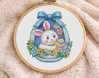 Cross Stitch Pattern Easter Blue egg with bunny DMC Chart Printable PDF Instant Download