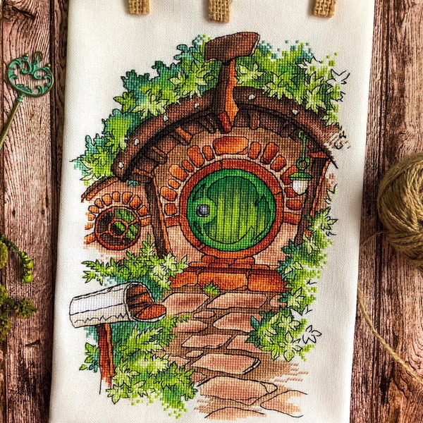 Kruissteekpatroon Halfling's huis met een groene deur DMC-borduurwerk Afdrukbare pdf Direct downloaden
