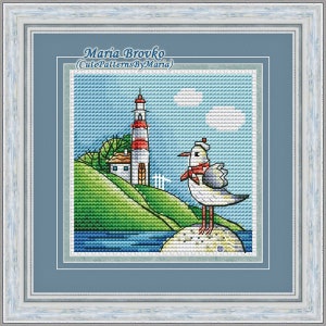 Padrão de ponto cruz Farol e albatroz Gráfico DMC para impressão em PDF Download instantâneo