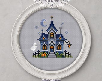 Cross Stitch Pattern Blue Witch House DMC Chart Printable PDF Instant Download