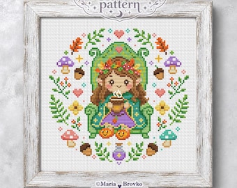 Cross Stitch Pattern Cozy forest elf DMC Chart Printable PDF Instant Download