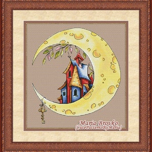 Cross Stitch Pattern Town on the moon DMC Chart Embroidery Printable PDF