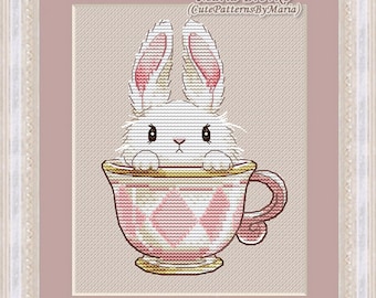 Cross Stitch Pattern Bunny in the cup DMC Embroidery Chart Printable PDF Instant Download