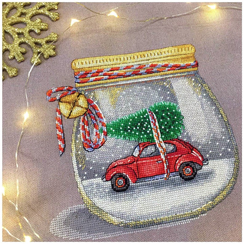 Cross Stitch Pattern Festive jar with a car DMC Chart Embroidery Printable PDF Instant Download