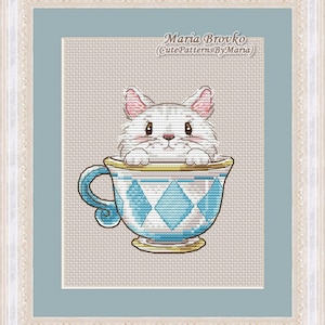 Cross Stitch Pattern Kitten in a cup DMC Chart Two Color Variations Cat Embroidery Printable PDF Instant Download