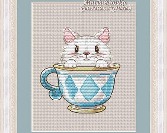 Cross Stitch Pattern Kitten in a cup DMC Chart Two Color Variations Cat Embroidery Printable PDF Instant Download