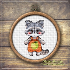Cross Stitch Pattern Raccoon in overalIs Baby Animals DMC Chart Printable PDF Instant Download
