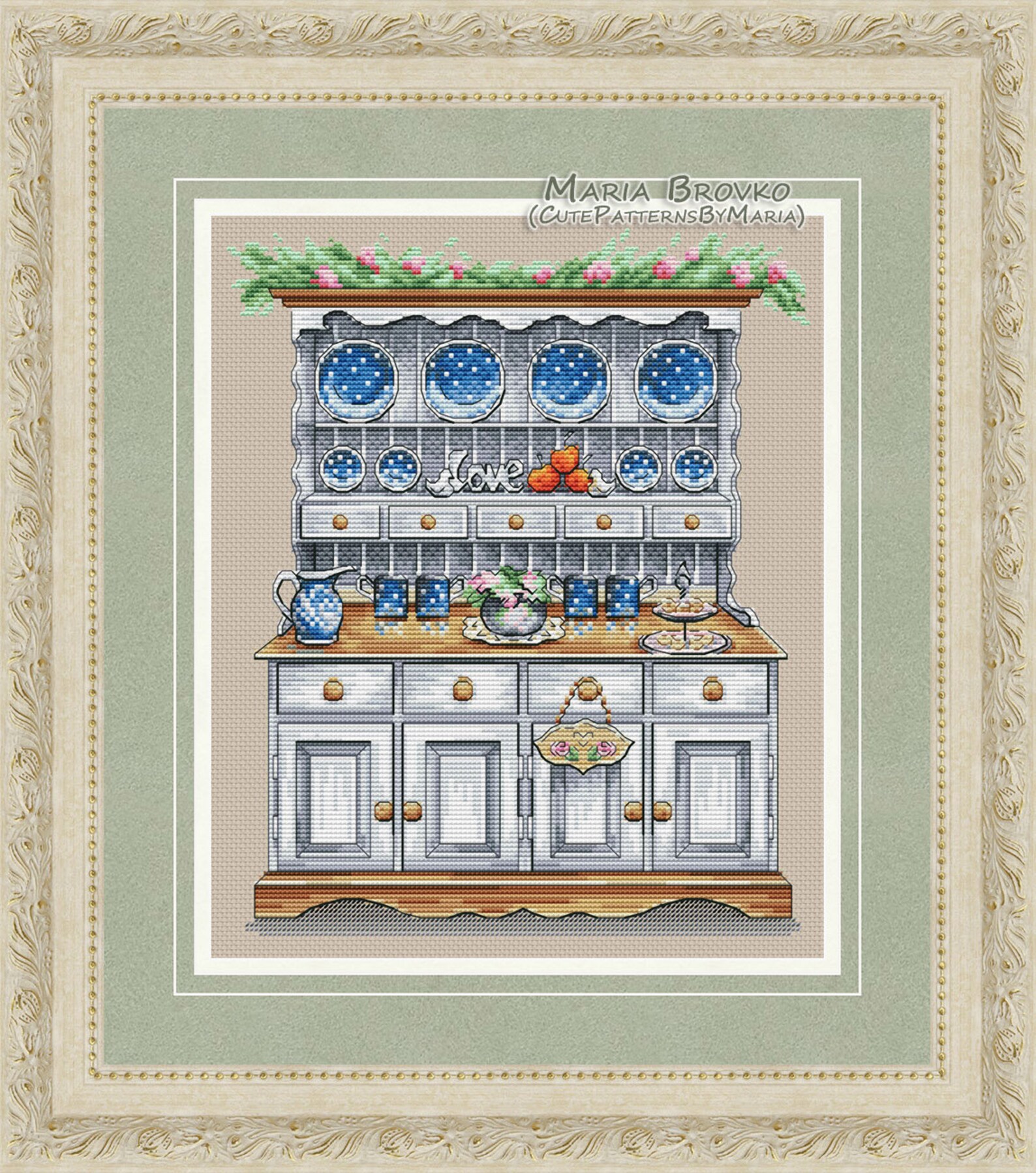 Cross Stitch Pattern Cupboard with blue crockery Etsy