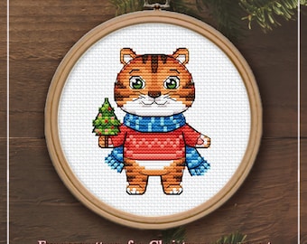 Cross Stitch Christmas Decor Tiger with a Christmas tree DMC Chart Printable PDF Instant Download