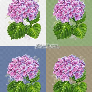 May include: A cross-stitch pattern featuring a cluster of pink and blue hydrangeas with green leaves. The pattern is displayed on four different colored backgrounds: white, green, blue, and brown.
