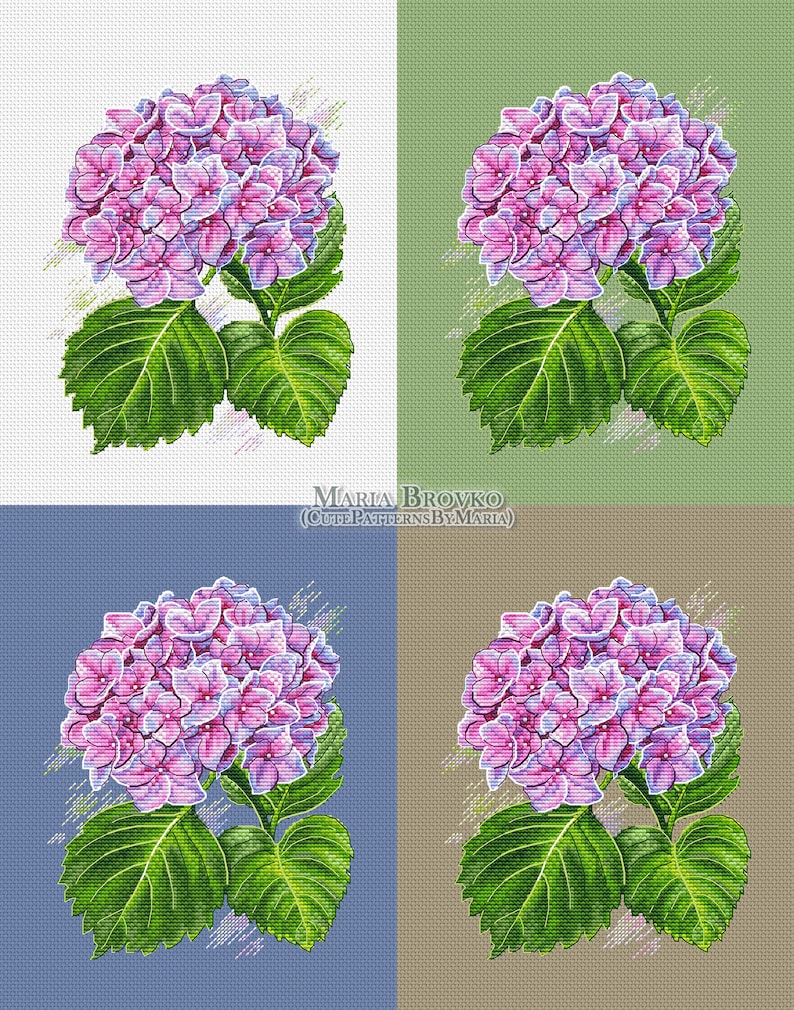 May include: A cross-stitch pattern featuring a cluster of pink and blue hydrangeas with green leaves. The pattern is displayed on four different colored backgrounds: white, green, blue, and brown.