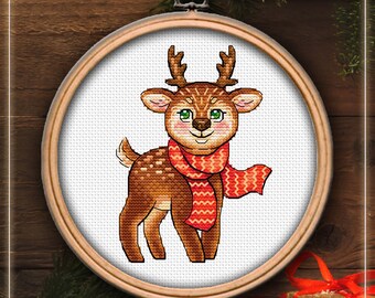Cross Stitch Christmas Decor Deer With Red Scarf DMC Chart Printable ...