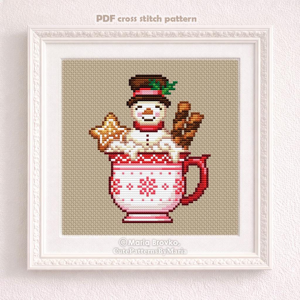 Cross Stitch Pattern Snowman in a Cup DMC Chart Printable PDF Instant ...