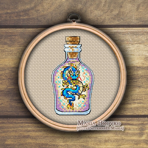 Cross Stitch Pattern Mini Bottle with a blue dragon DMC Chart Printable PDF Instant Download