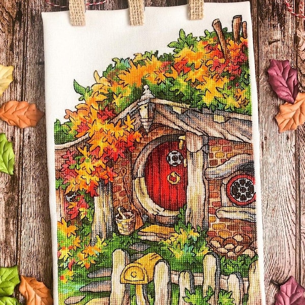 Kruissteekpatroon Halflings huis in de herfst DMC-kruissteekkaart borduurpatroon borduurkaart afdrukbare pdf direct downloaden