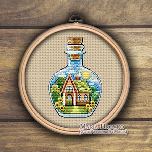 Cross Stitch Pattern Mini bottle with summer house DMC Chart Printable PDF Instant Download