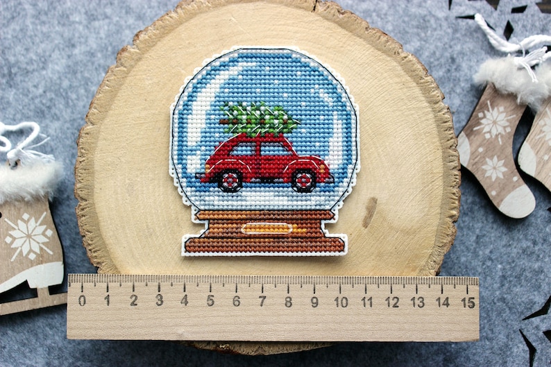 Cross Stitch Pattern "snow Globe With Red Car" DMC Cross Stitch Chart ...