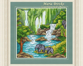 Cross Stitch Pattern Elephants at the waterfall DMC Chart Printable PDF Instant Download