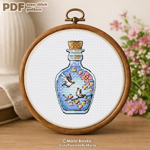 Patrón de punto de cruz Mini botella con un par de pájaros Gráfico DMC Imprimible PDF Descarga instantánea
