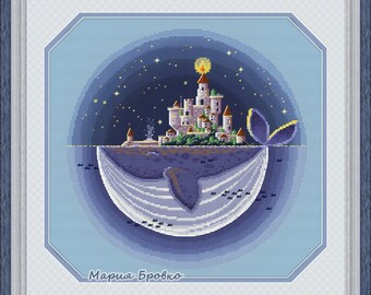 Cross Stitch Pattern Castle-lighthouse on a whale DMC Chart Embroidery Printable PDF Instant Downl