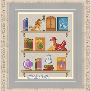 May include: A cross-stitch pattern featuring a bookshelf with various fantasy books, characters, and objects. The books include "The Chronicles of Narnia", "The Hobbit", and "Harry Potter". The characters include a lion, a dragon, and an owl. The objects include a lamppost, a globe, and a magic wand.