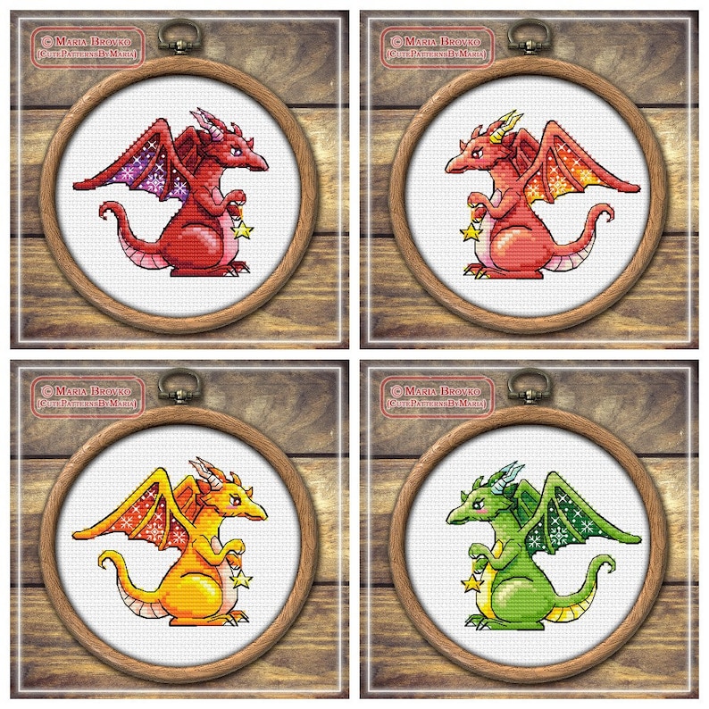 Cross Stitch Pattern 8 color options Dragon with star and snowflakes DMC Chart Printable PDF Instant Download image 3