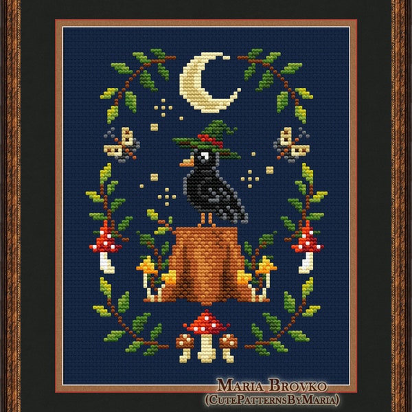 Cross Stitch Raven on a stump Pattern DMC Chart Printable PDF Instant Download