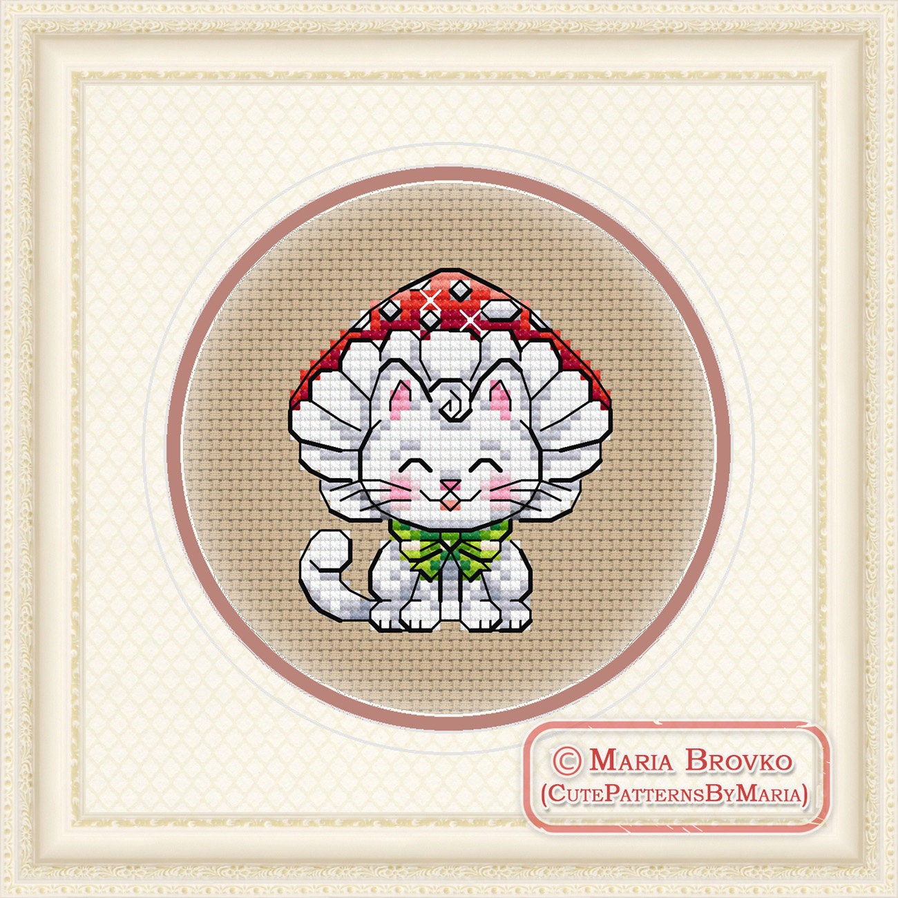 Cross Stitch Pattern White Cat in a Fly agaric Mushroom hat DMC Chart Printable PDF Instant Download