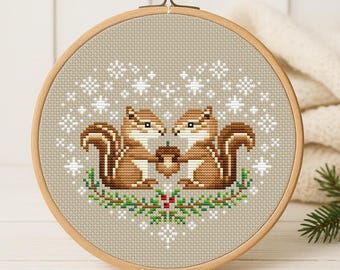 Cross Stitch PDF Pattern Cute chipmunks in a snow heart DMC Chart Christmas Printable Instant Download