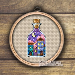 Kreuzstich Muster Miniflasche mit Nacht Stadt DMC Tabelle Printable PDF Instant Download