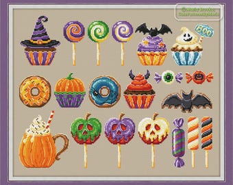 Set of 20 Cross Stitch Halloween Patterns Trick Or Treat DMC Chart Printable PDF Instant Download