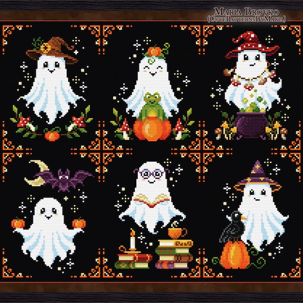 Décoration d'Halloween au point de croix 30 % moins cher en lot - Six fantômes mignons Lot de 6 motifs DMC Chart PDF imprimable Téléchargement instantané