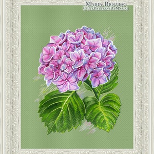 May include: A cross-stitch pattern featuring a pink and purple hydrangea flower with green leaves on a light green background. The pattern is titled "Maria Brovko (CutePatternsByMaria)".