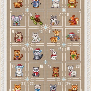Kerstadventskalender met 24 dieren Kruissteekpatroon Kerstdecor DMC-diagram Afdrukbare PDF Direct downloaden