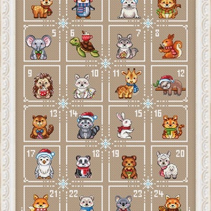 Christmas advent calendar with 24 animals Cross Stitch Pattern Christmas Decor DMC Chart Printable PDF Instant Download