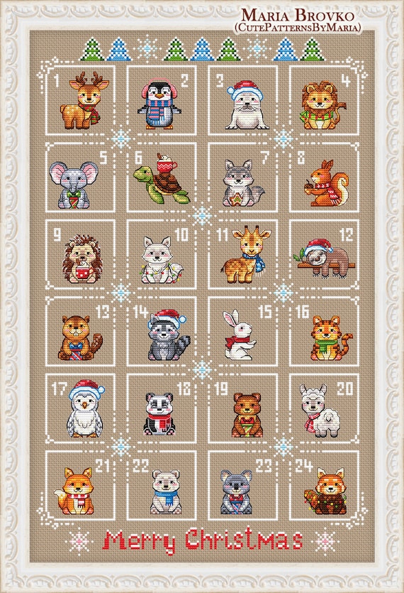 Calendrier de l'avent de Noël avec 24 animaux Cross Stitch Pattern