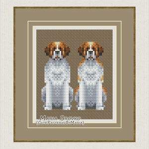 May include: Cross stitch pattern featuring two brown and white dogs sitting side by side. The pattern is titled "Maria Brovko (CutePatternsByMaria)".