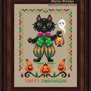 Ponto Cruz Decoração de Halloween Gato preto com padrão de lanterna Gráfico DMC para impressão PDF Download instantâneo